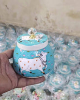 IGH Pichwai Printed Hammered Dry Fruit Bowl 4 inch with Lid (Pot Shape), Return Gift for Baby Shower, Serving Bowls/Jars for parties